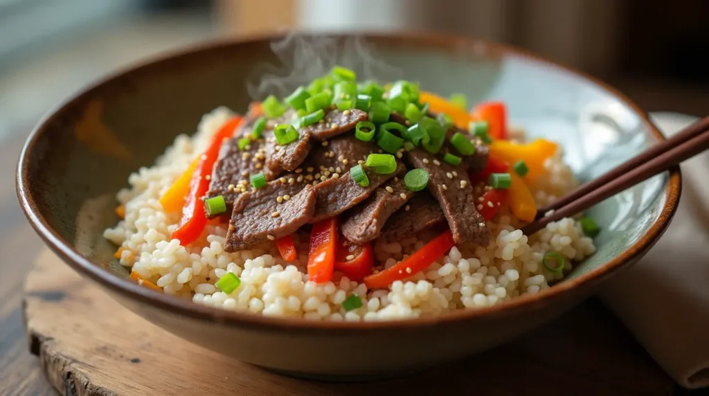 Homemade beef and pepper rice bowl with marinated beef strips, colorful bell peppers, and green onions