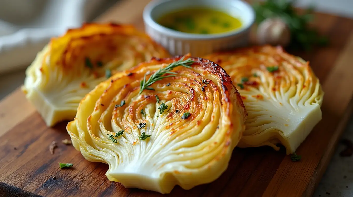 Oven roasted garlic cabbage steaks with caramelized edges and herb seasoning