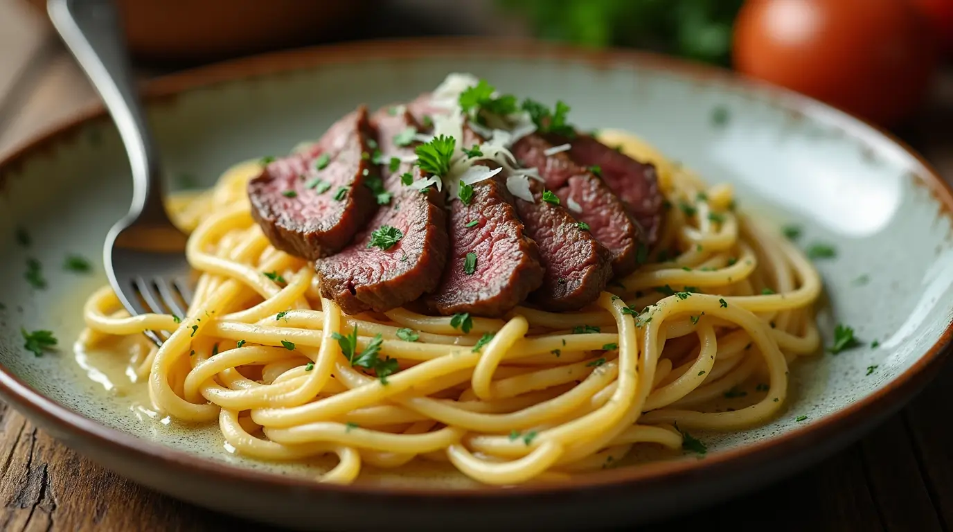 Homemade garlic steak pasta with tender sliced beef and al dente linguine in a buttery garlic sauce garnished with parsley and Parmesan cheese