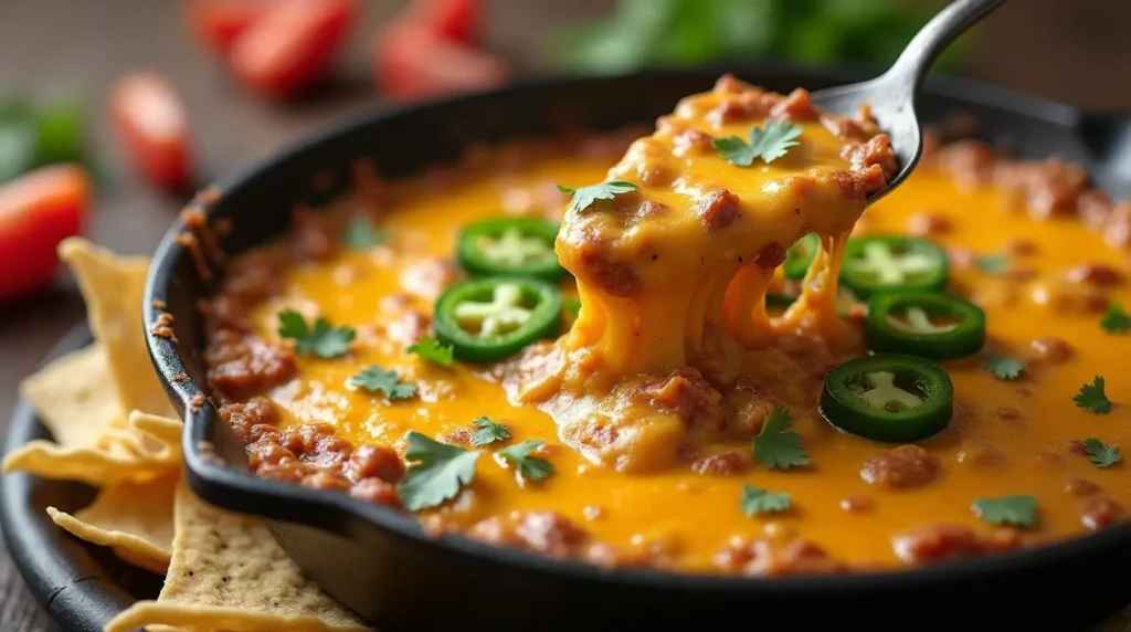 Ooey Gooey Queso Fundido with stretchy cheese pull in cast iron skillet