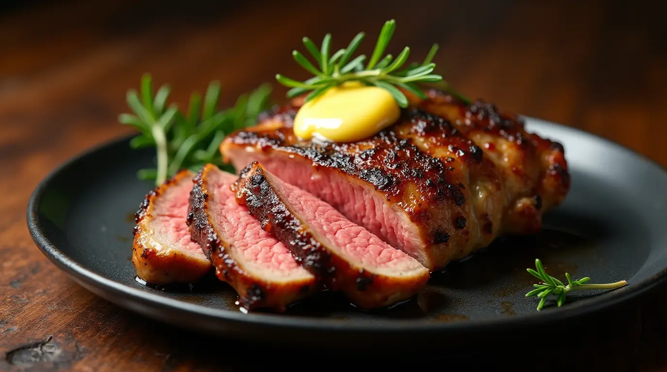 Perfectly cooked juicy steakhouse chicken breast with herb butter