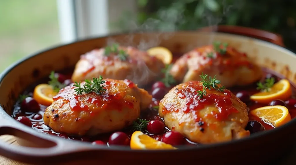 Juicy Baked Orange Cranberry Chicken Thighs with golden skin and vibrant sauce