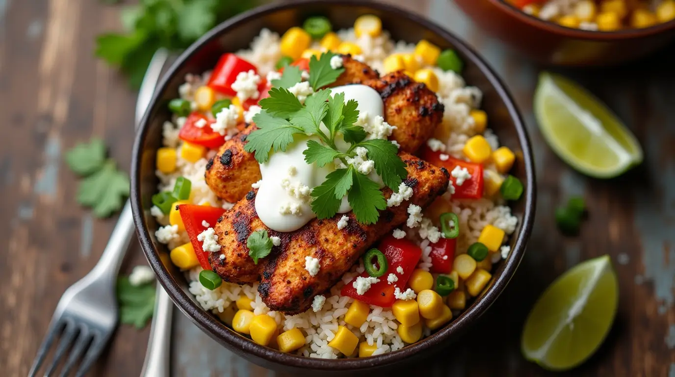 Homemade Street Corn Chicken Rice Bowl with cotija cheese and lime