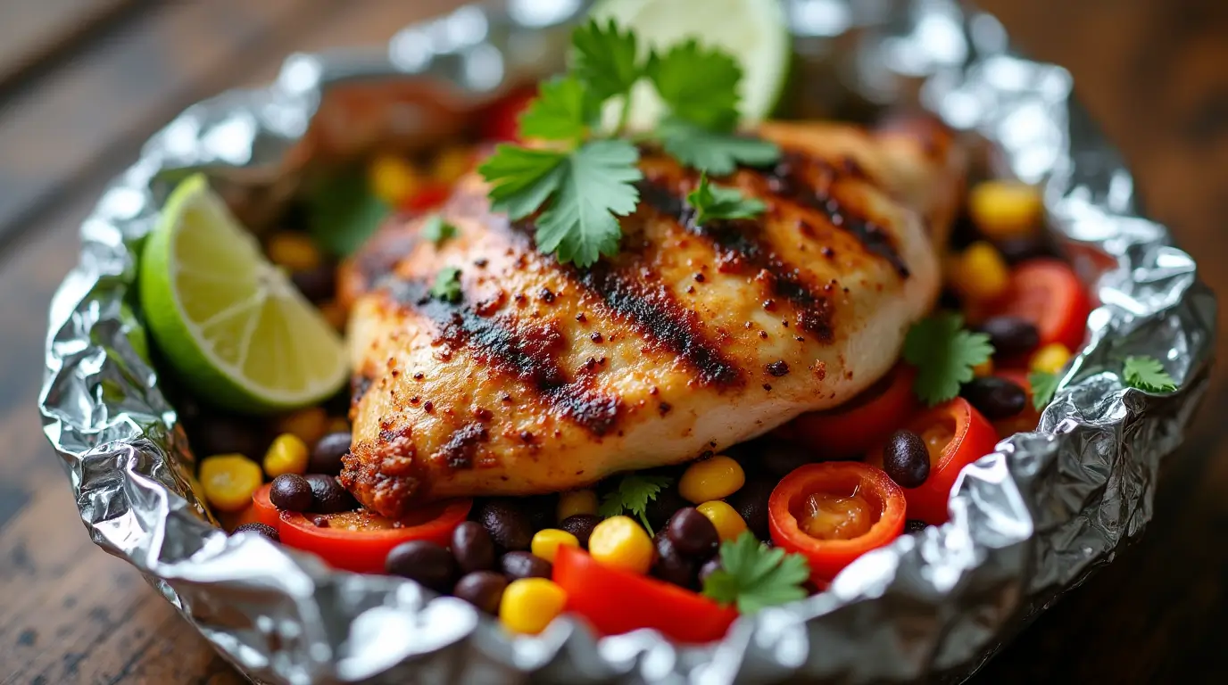 Freshly cooked Santa Fe Chicken Foil Packet with colorful vegetables and southwestern seasonings