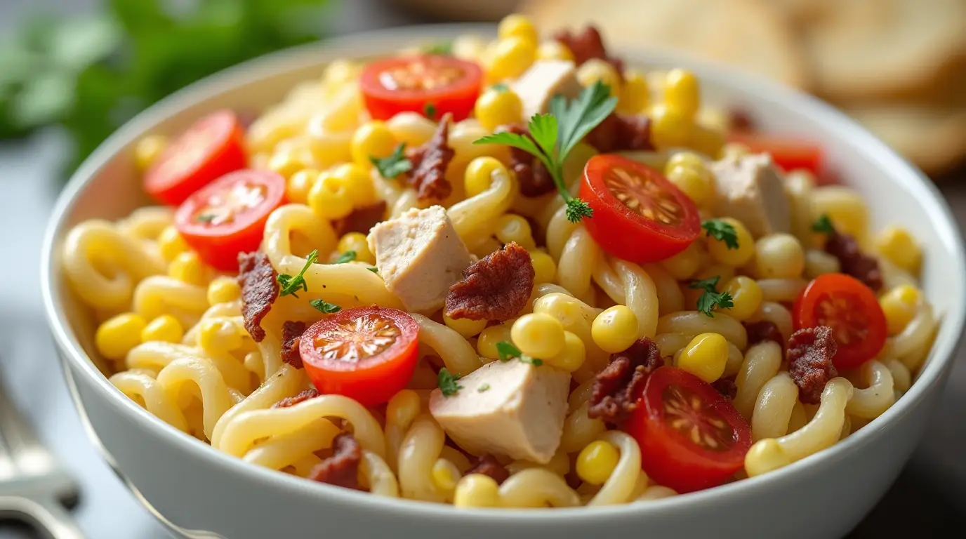 Freshly made Chicken and Corn Salad pasta with bacon in a white bowl