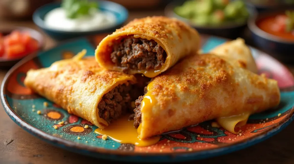 Golden-brown beef and cheese chimichangas cut open to reveal flavorful filling