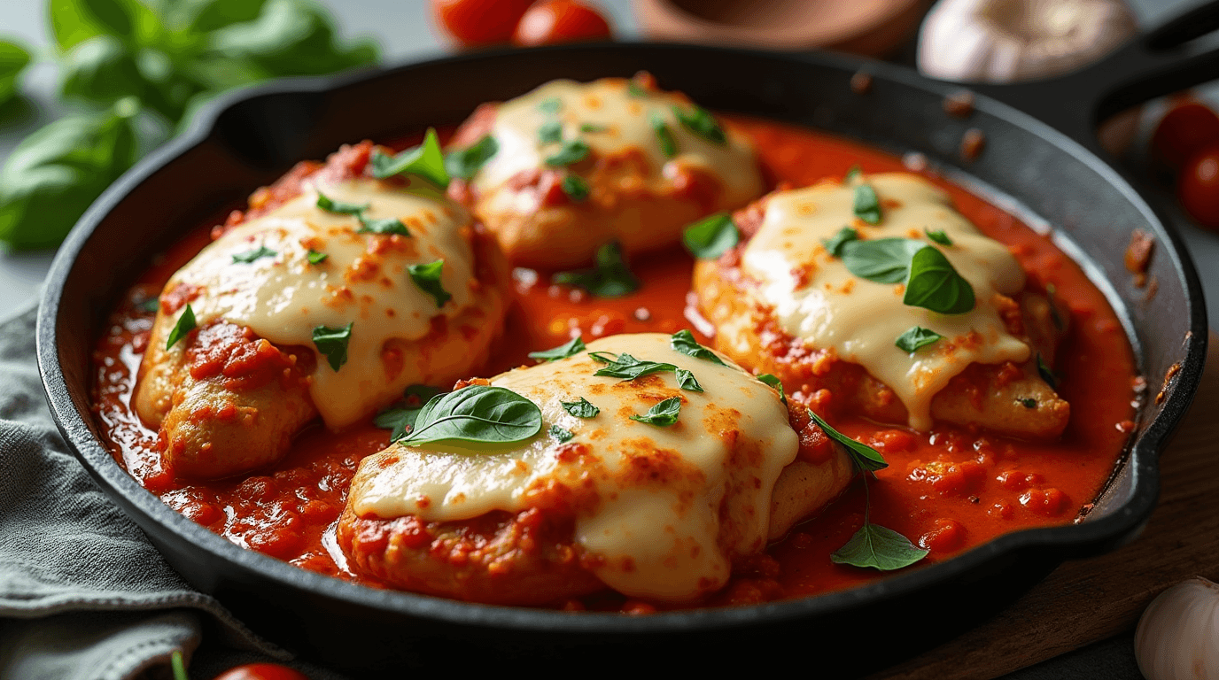 Homemade Garlic Tomato Chicken with Mozzarella in cast iron skillet with bubbling sauce and melted cheese