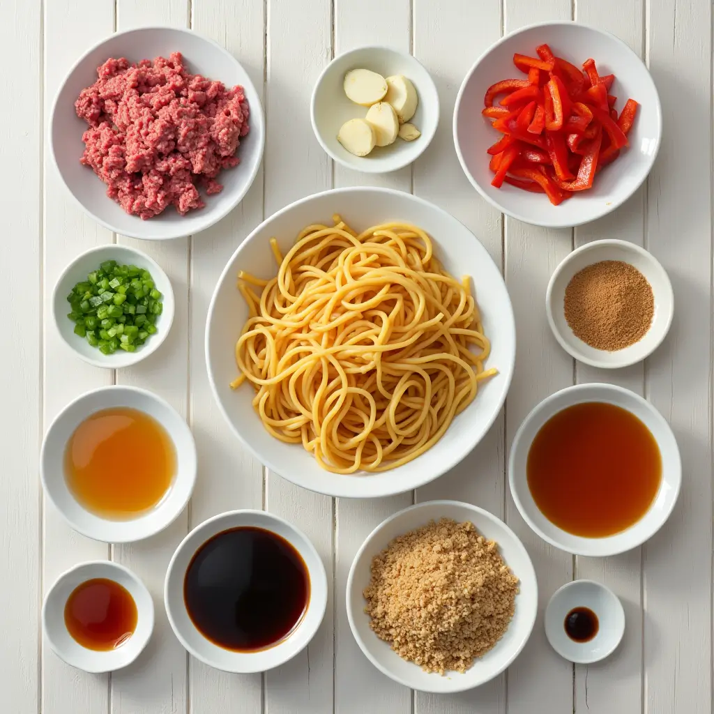 Fresh ingredients for making Mongolian Ground Beef Noodles laid out in separate bowls