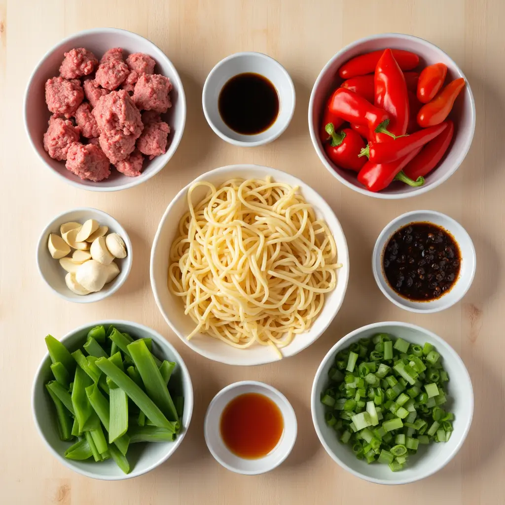 Ingredients for Asian Ground Beef Noodles recipe displayed on wooden surface