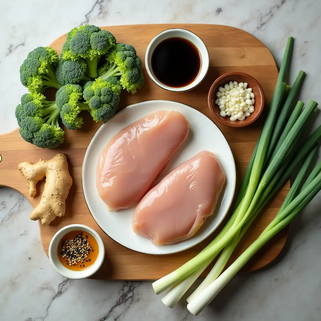 Fresh ingredients for chicken and broccoli stir fry arranged on wooden cutting board