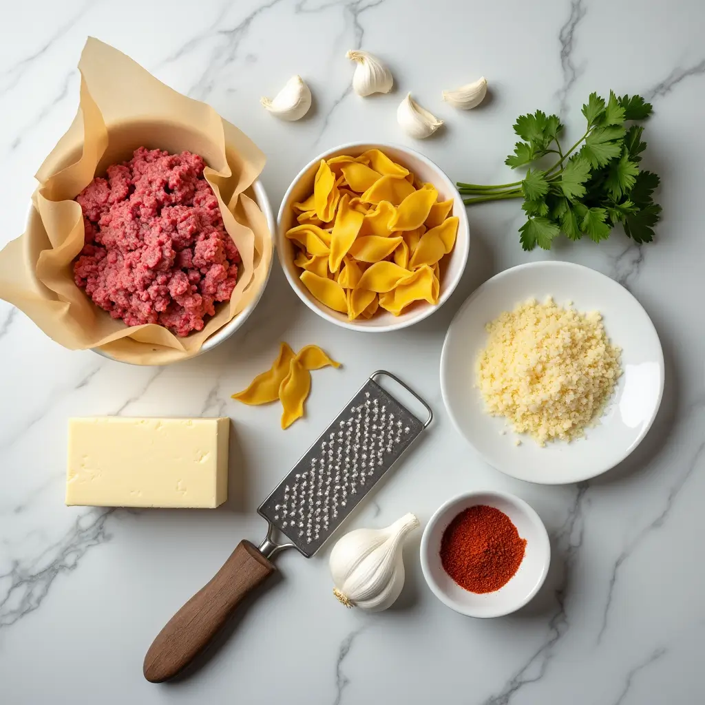 Seven ingredients needed for Parmesan Garlic Beef pasta recipe displayed on marble countertop