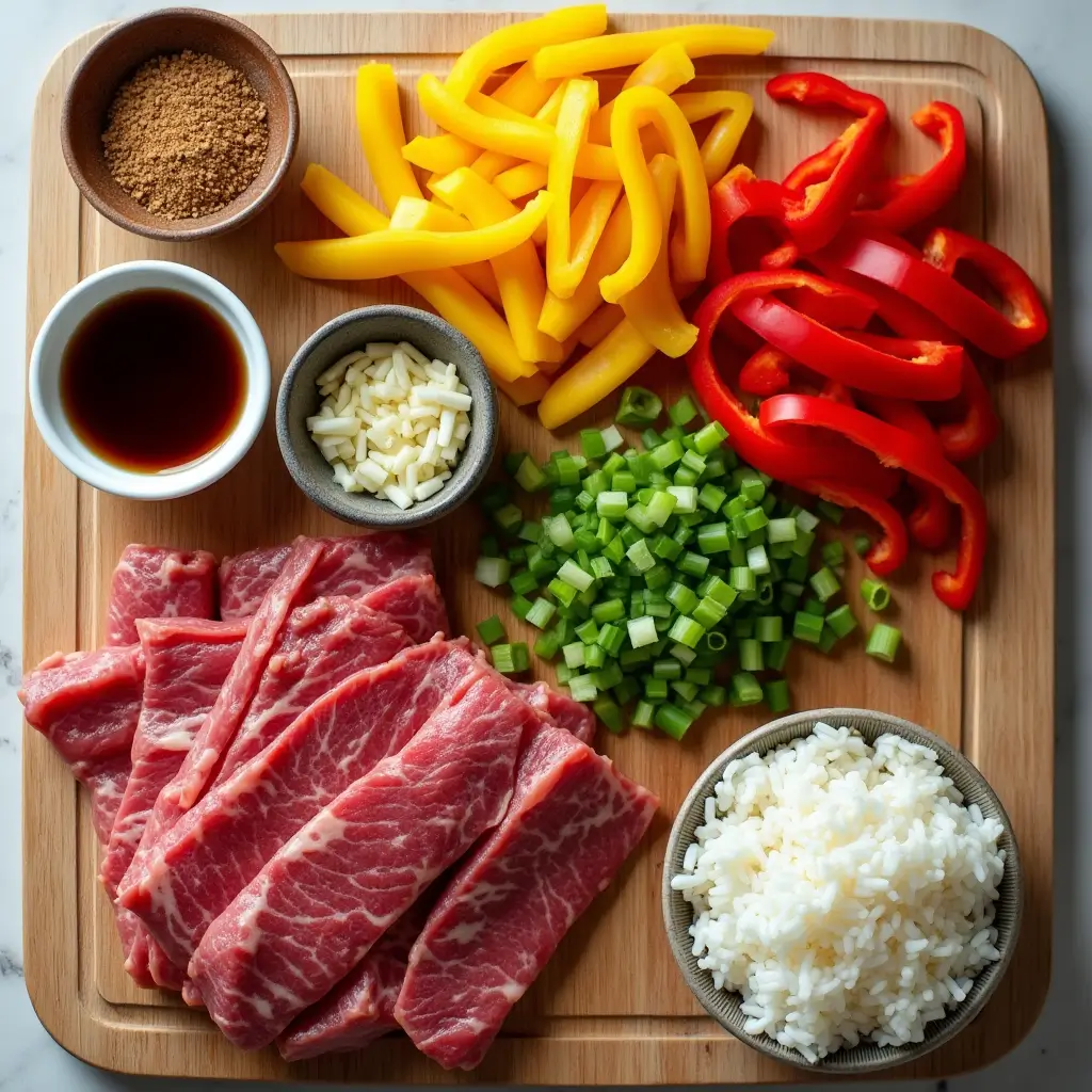Ingredients for beef and pepper rice bowl including beef, bell peppers, rice, and seasonings