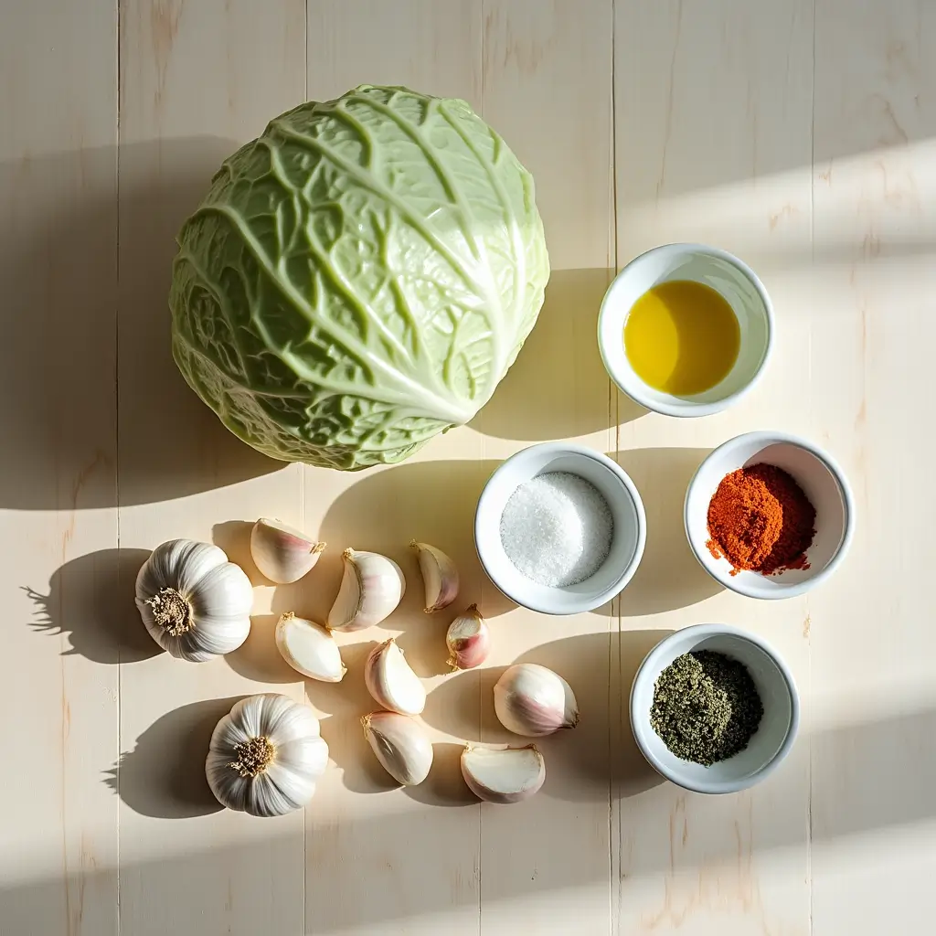 Fresh ingredients for making oven roasted garlic cabbage steaks