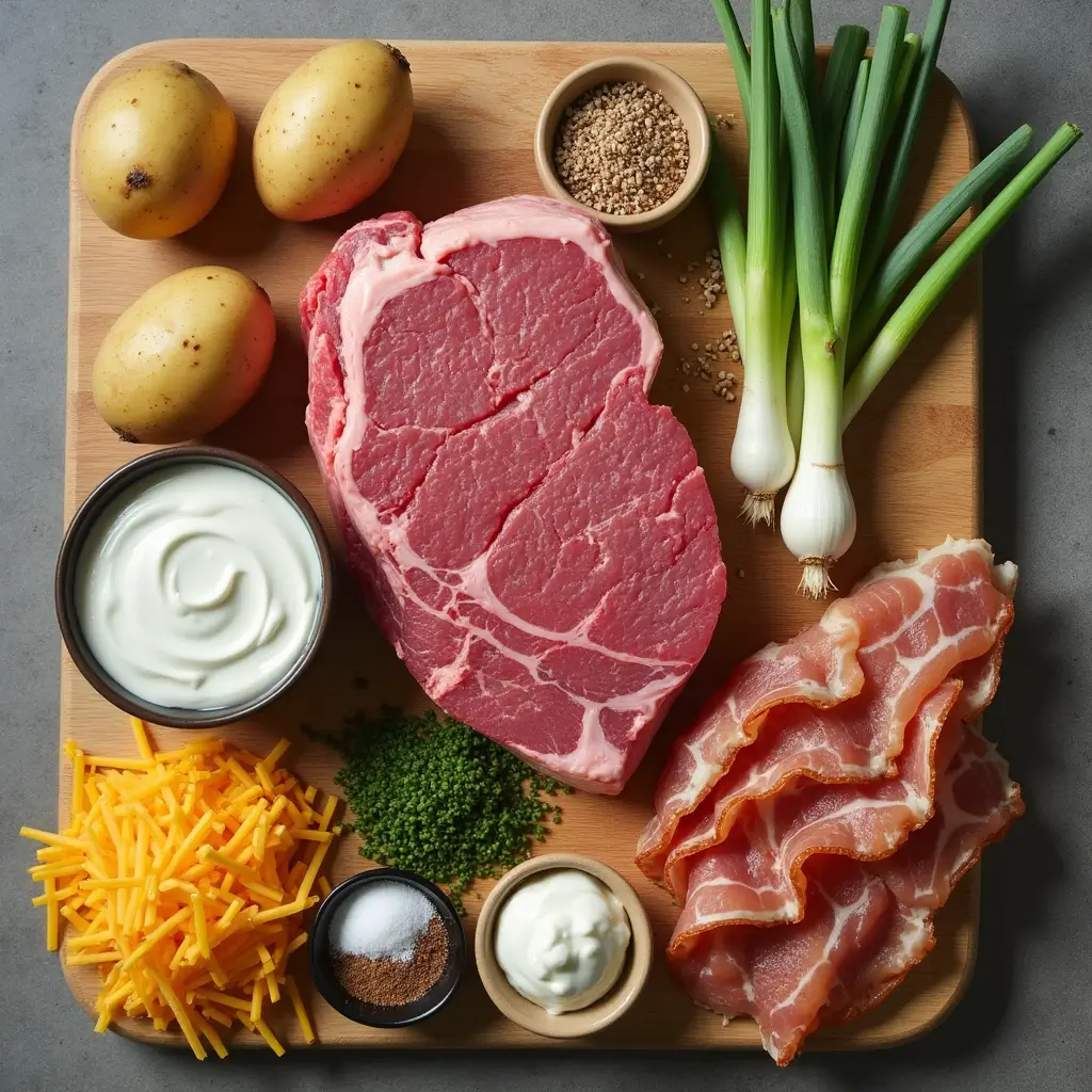 Fresh ingredients for crockpot steak and loaded potato bake recipe