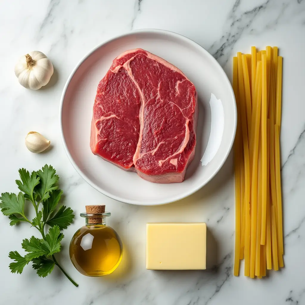 Fresh ingredients for garlic steak pasta recipe including ribeye steak, pasta, garlic, butter, olive oil, Parmesan and parsley
