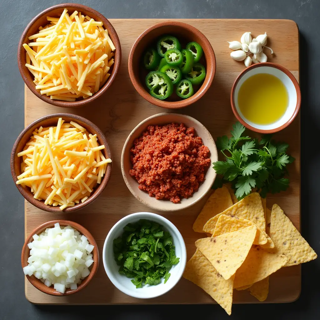 Ingredients for Ooey Gooey Queso Fundido recipe laid out on wooden board