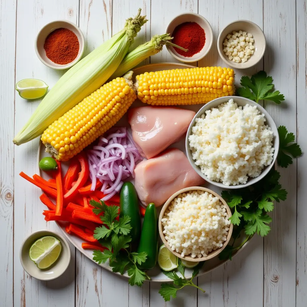 Fresh ingredients for Street Corn Chicken Rice Bowl recipe