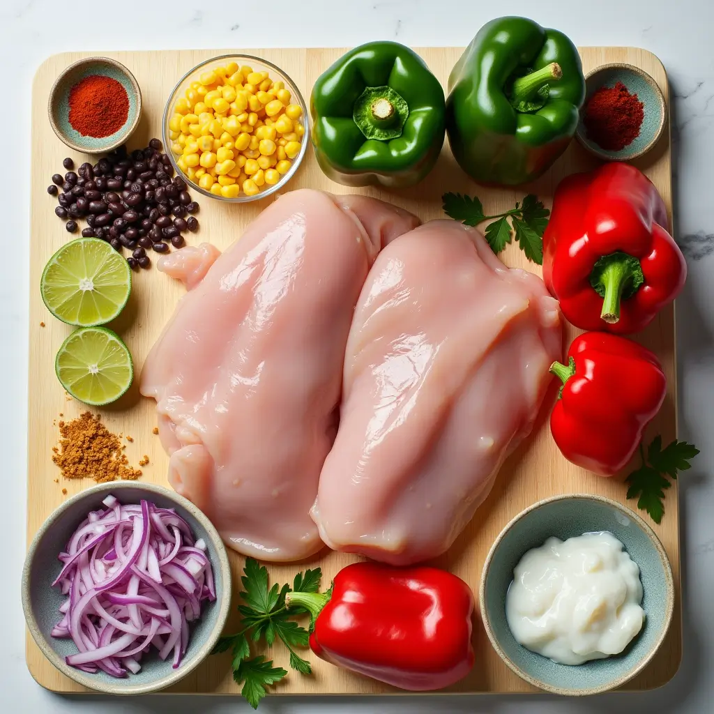 Ingredients for Santa Fe Chicken Foil Packets including chicken, peppers, beans, corn and spices