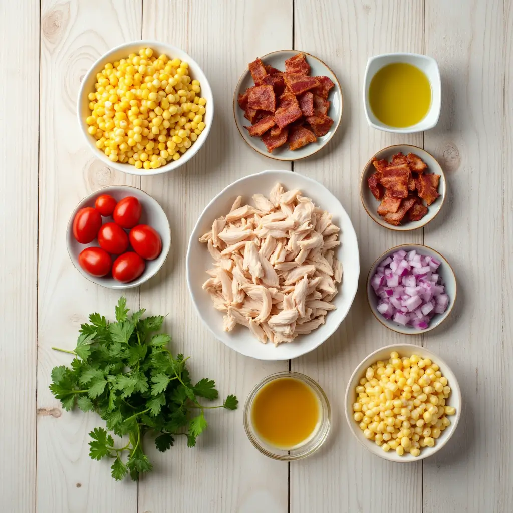 Ingredients laid out for Chicken and Corn Salad pasta recipe