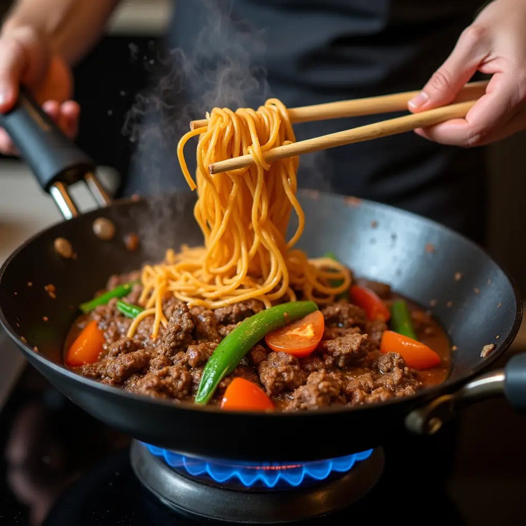 Mongolian Ground Beef Noodles being stir-fried in a wok with steam rising