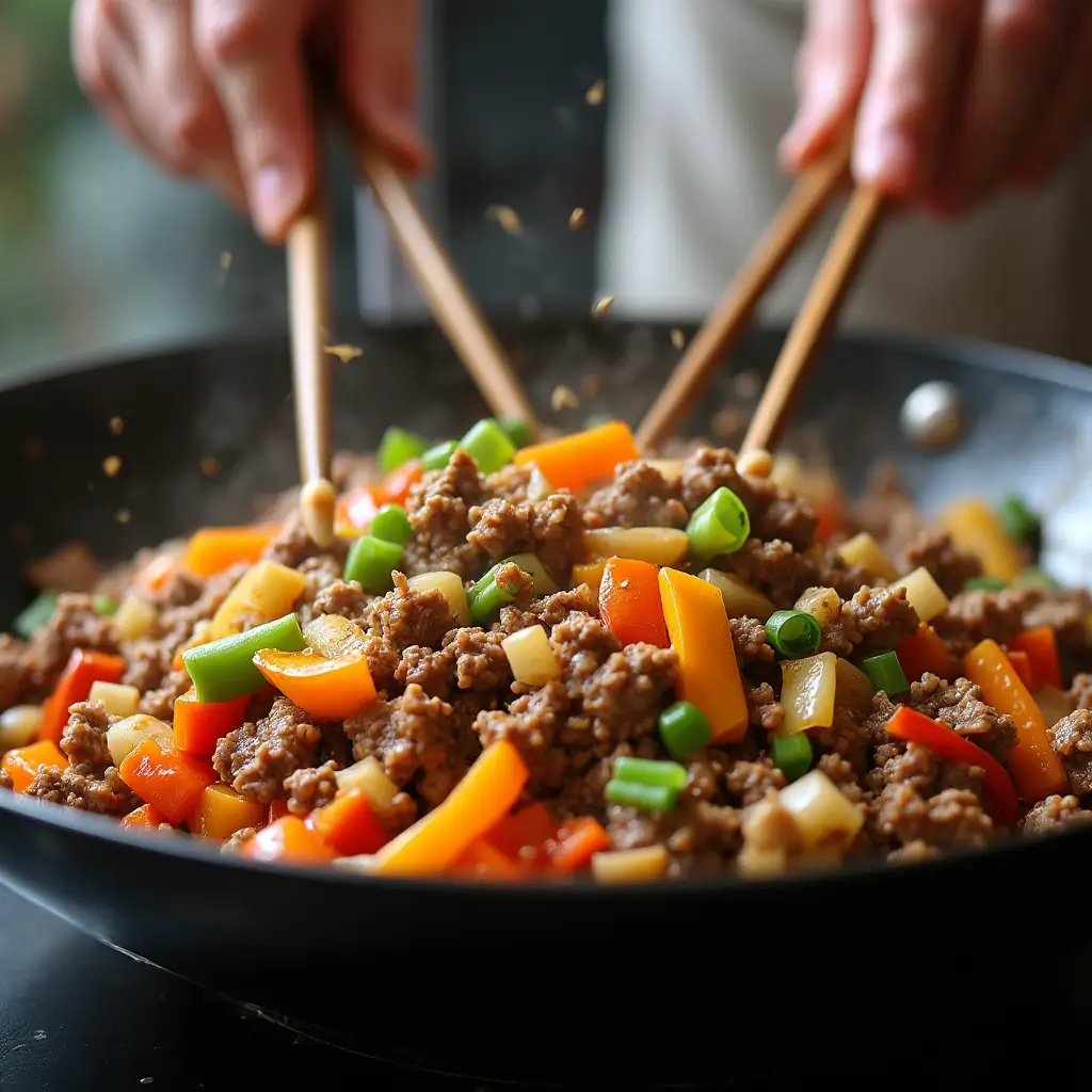 Cooking Asian Ground Beef Noodles in a wok with colorful vegetables