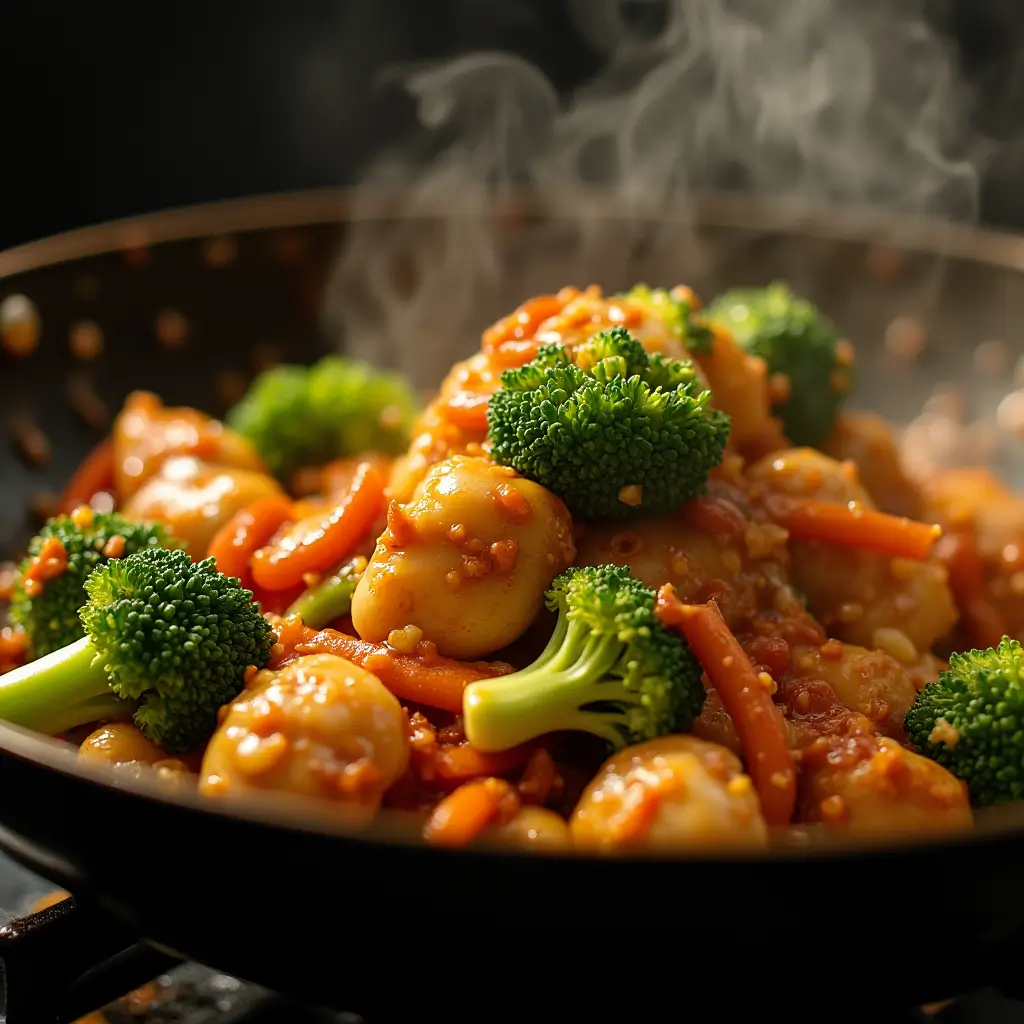 Cooking chicken and broccoli stir fry in a wok with steam rising