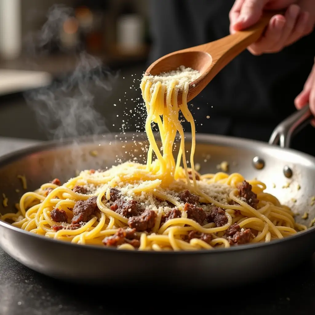 Cooking Parmesan Garlic Beef pasta in a skillet with cheese being added