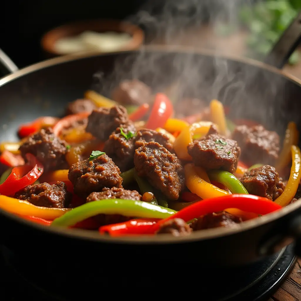 Stir-frying beef and peppers in a wok for beef and pepper rice bowl