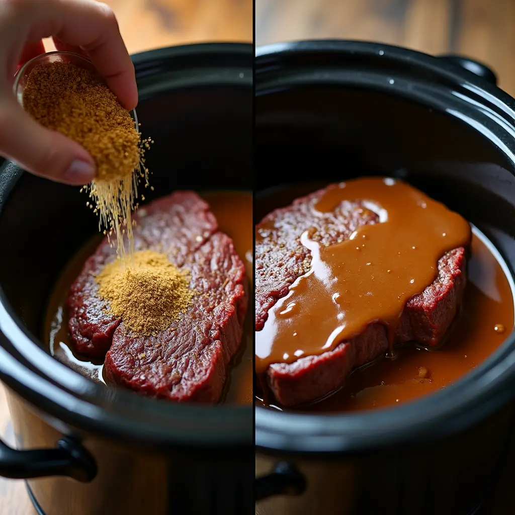 Before and after cooking crockpot steak showing transformation