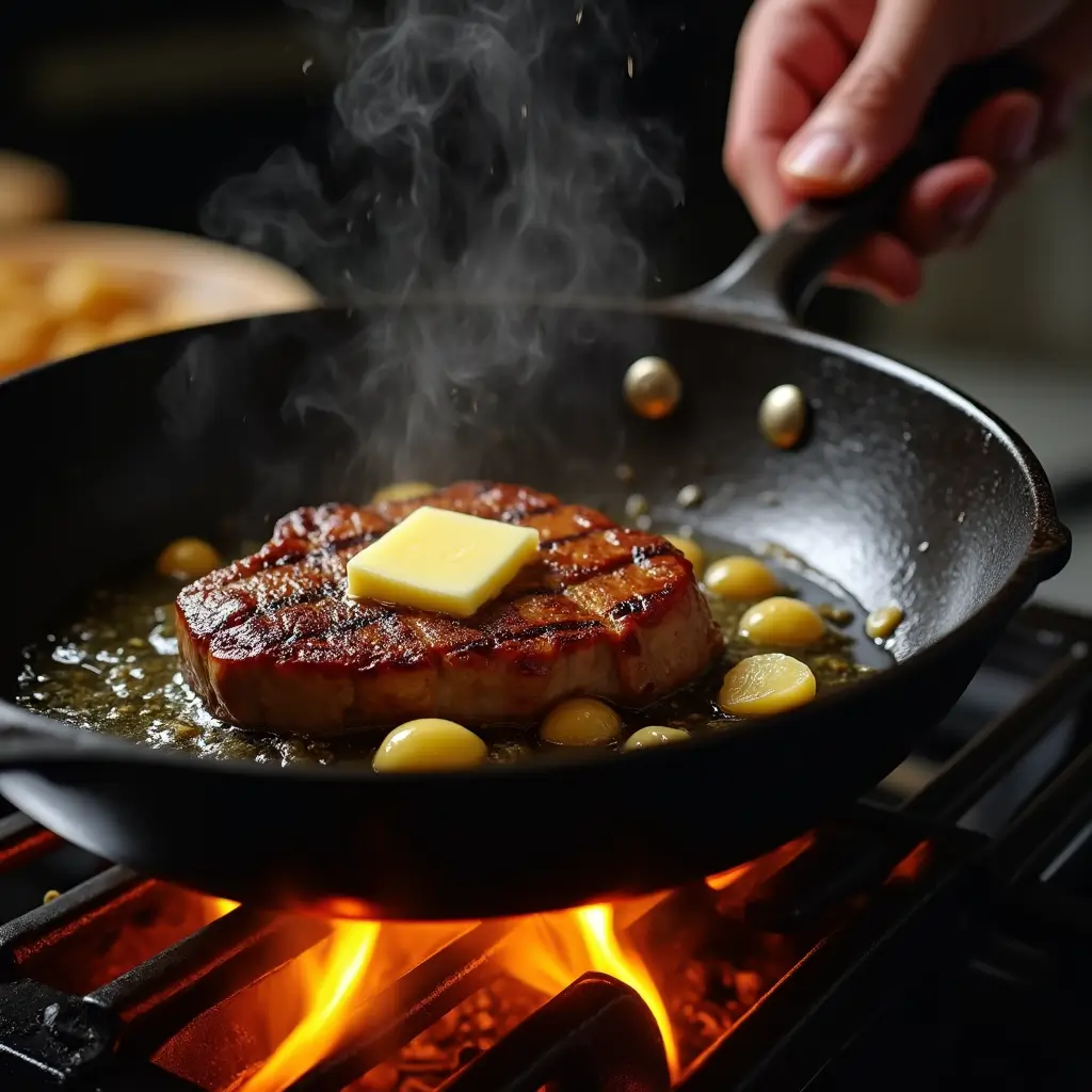Cooking garlic steak pasta with beef sizzling in a cast iron skillet with butter and fresh garlic