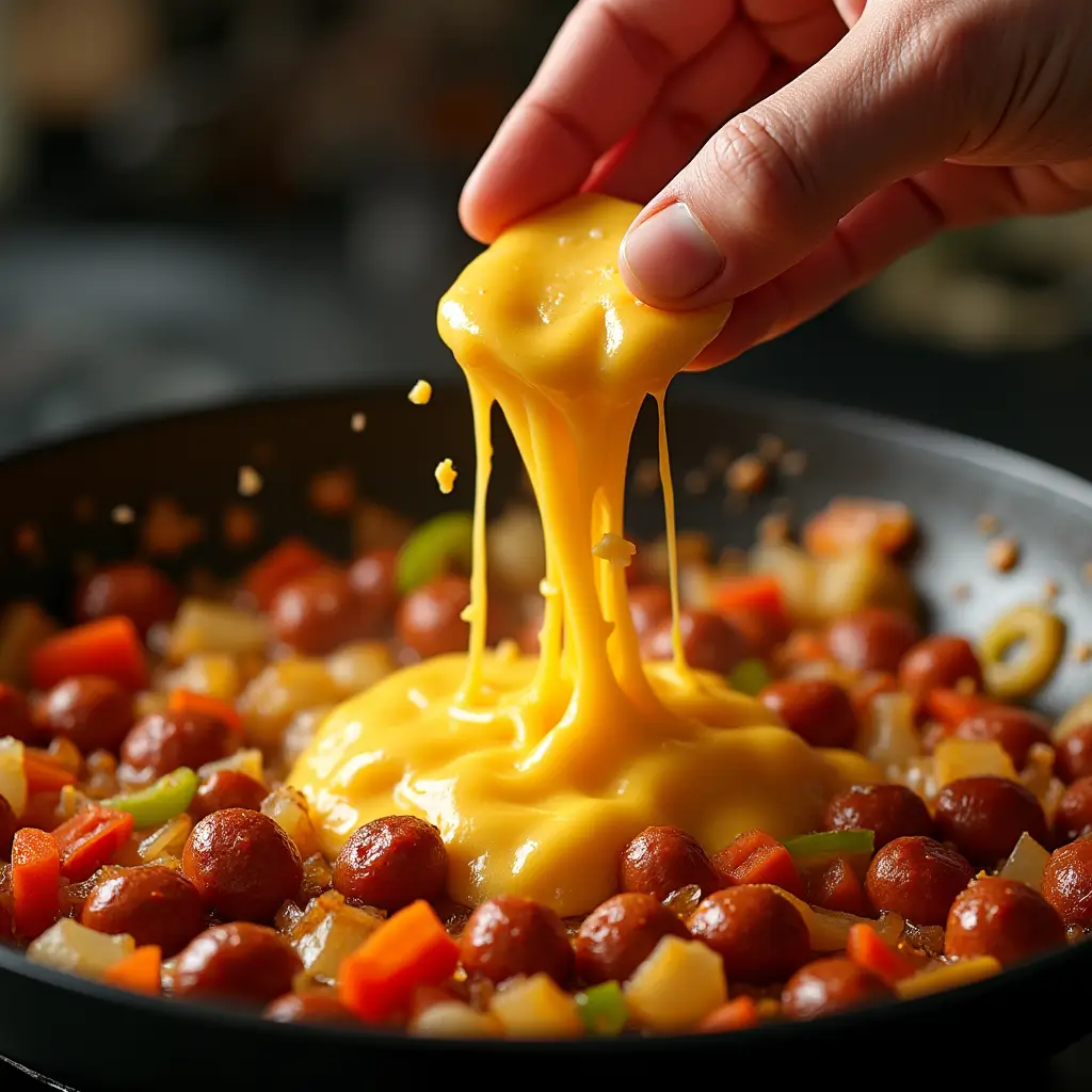 Adding cheese to skillet when making Ooey Gooey Queso Fundido