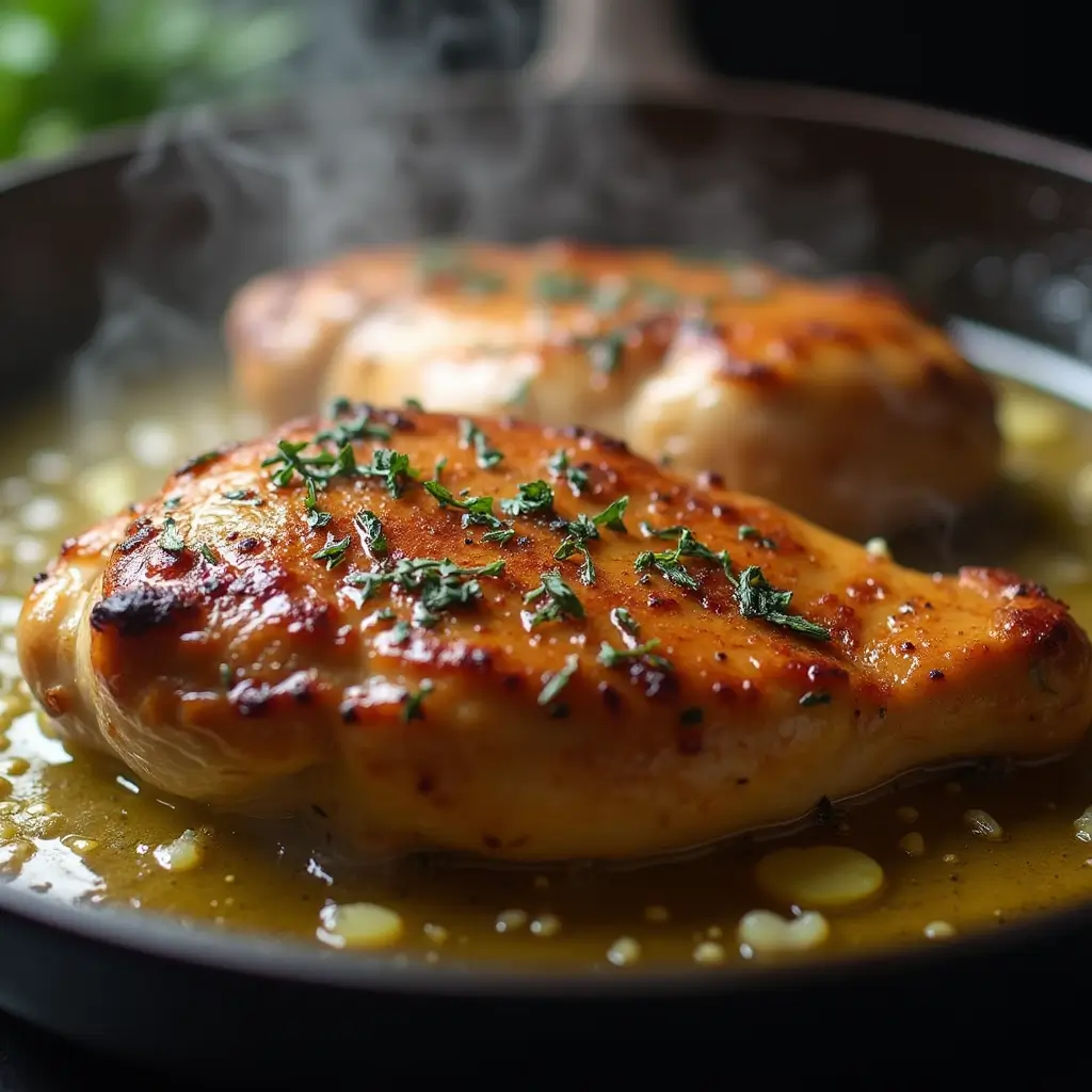 Steakhouse chicken being pan-seared with herb butter