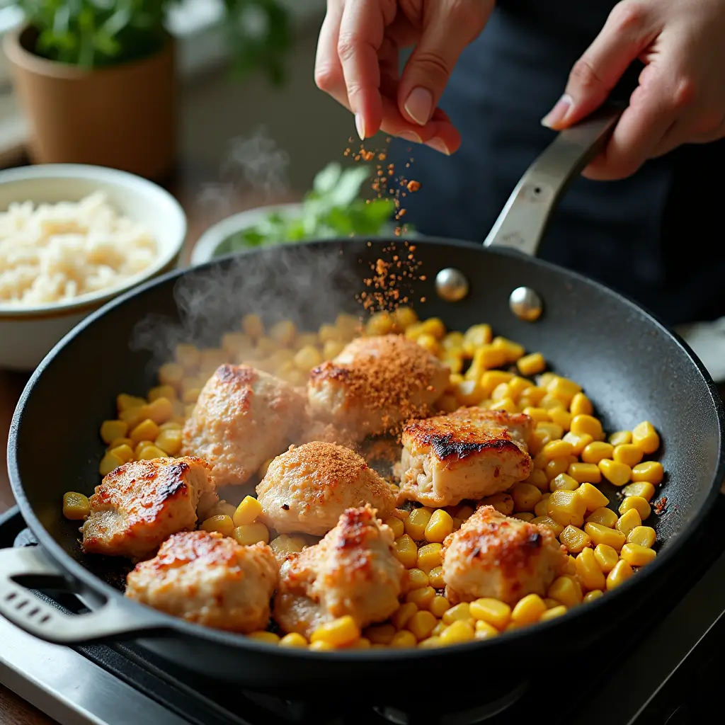 Cooking Street Corn Chicken Rice Bowl in a skillet