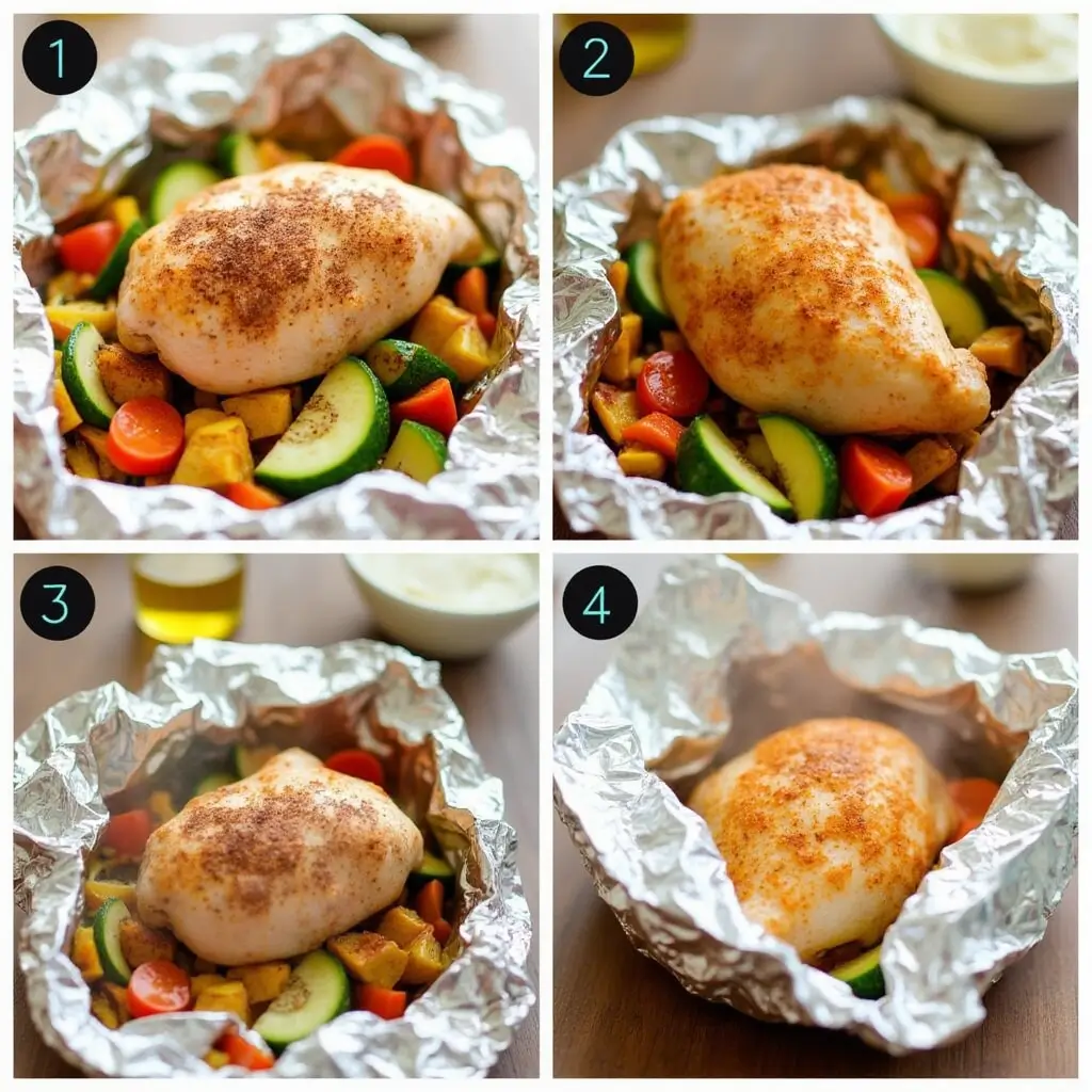 Step-by-step process of making Santa Fe Chicken Foil Packets from seasoning to folding