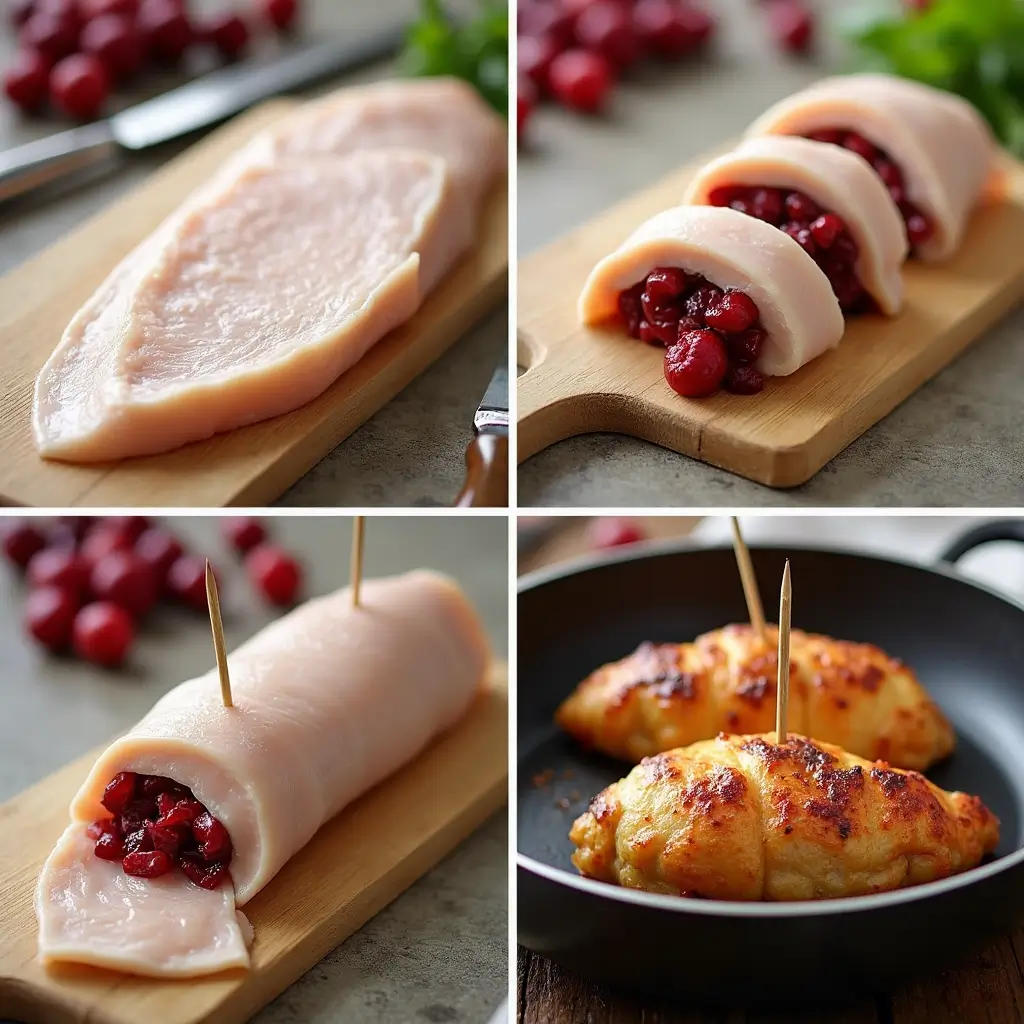 Step by step process of preparing cranberry brie stuffed chicken