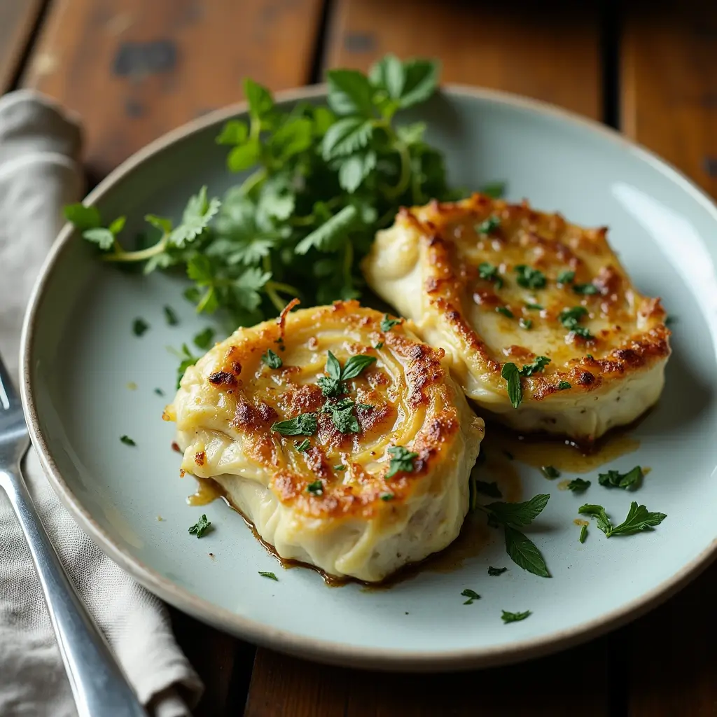 Oven roasted garlic cabbage steaks served with herb chicken