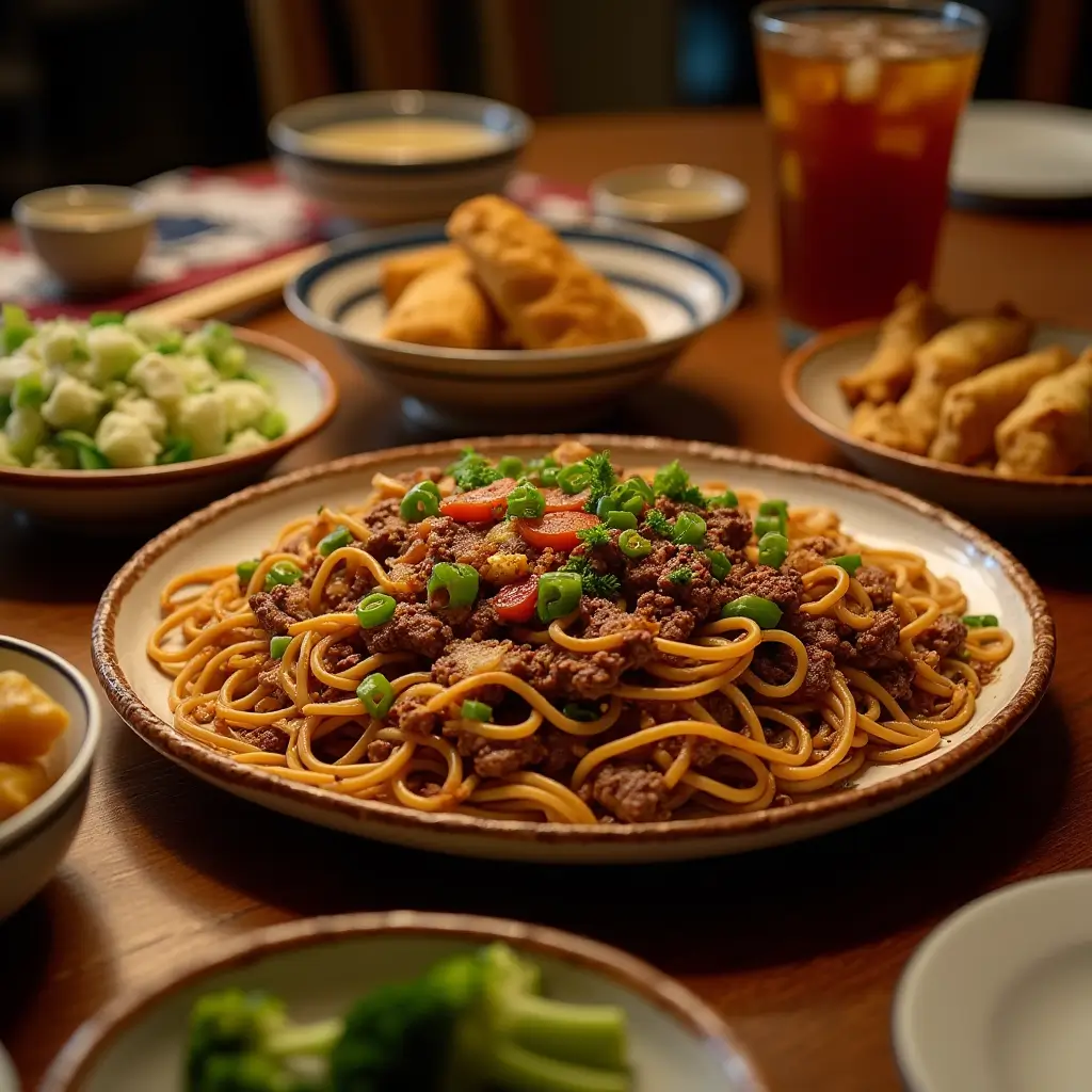Family dinner spread with Mongolian Ground Beef Noodles as the main dish