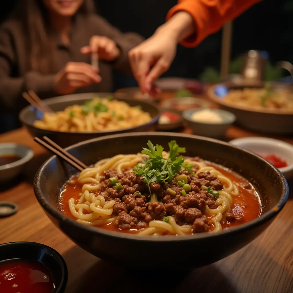 Family dinner with Asian Ground Beef Noodles served in individual bowls