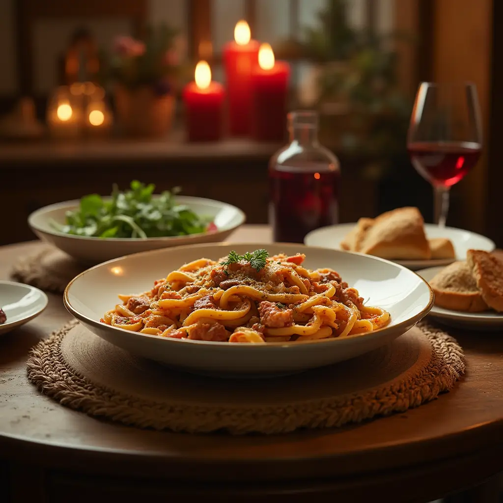 Family-style dinner featuring Parmesan Garlic Beef pasta with side dishes