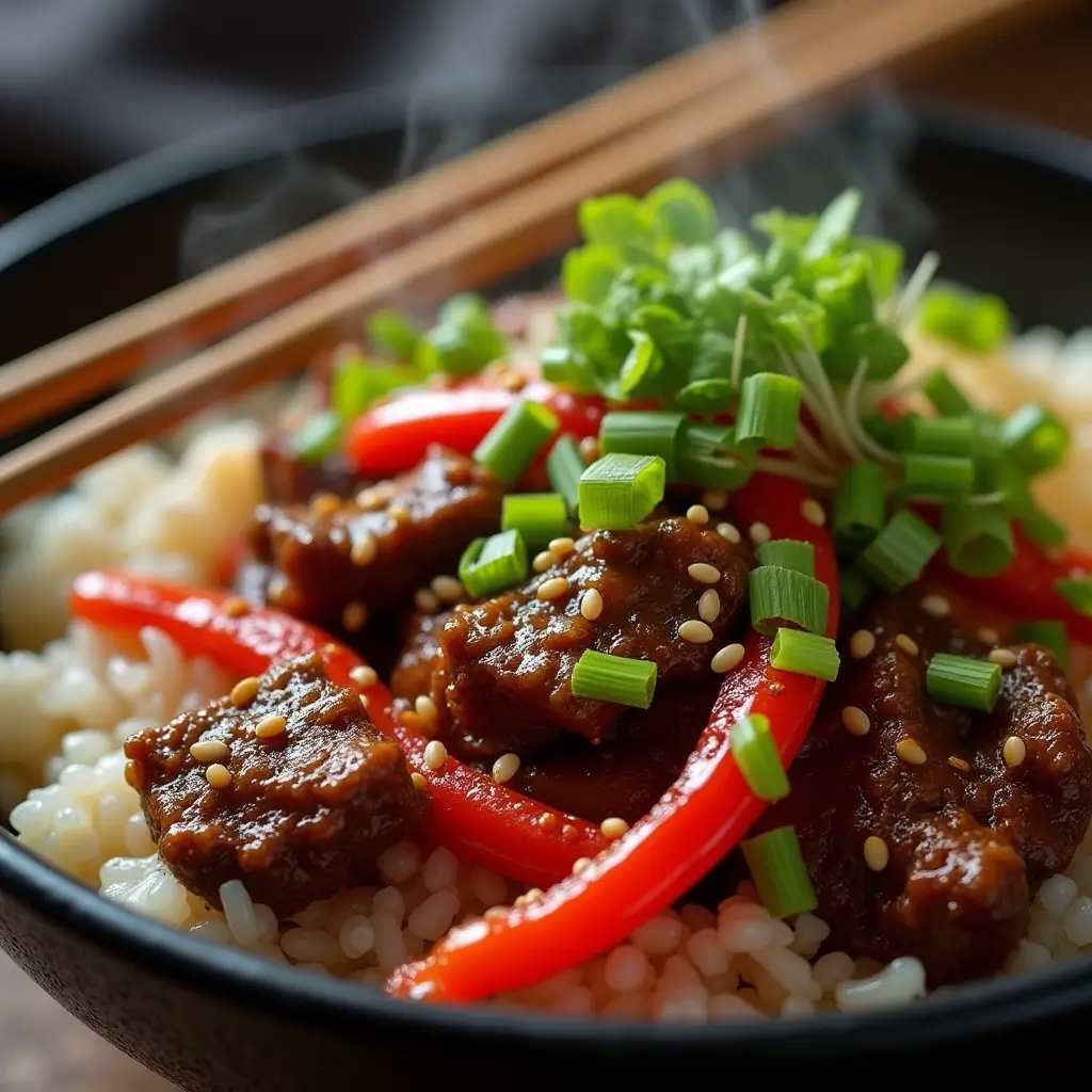 Close-up detail of beef and pepper rice bowl showing glazed beef, peppers, and rice texture