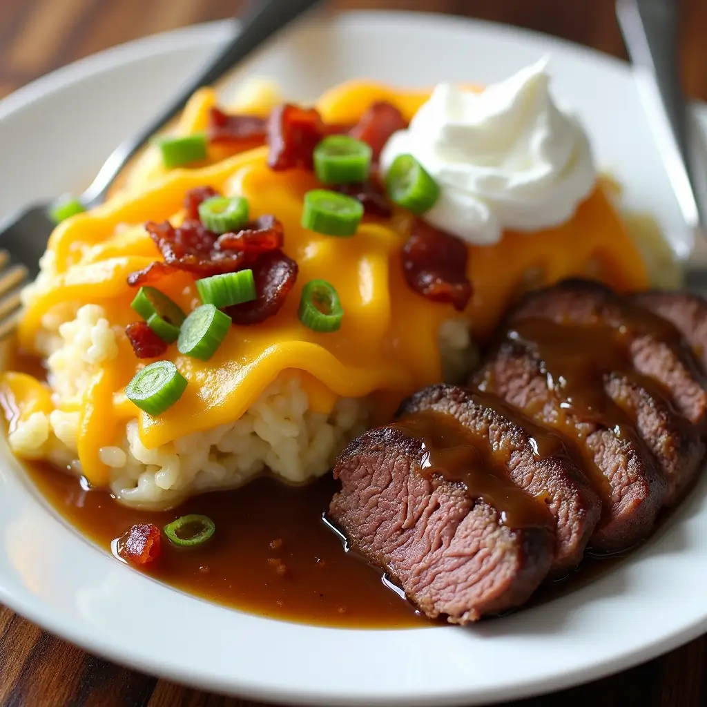 Plated crockpot steak dinner with cheesy potato bake