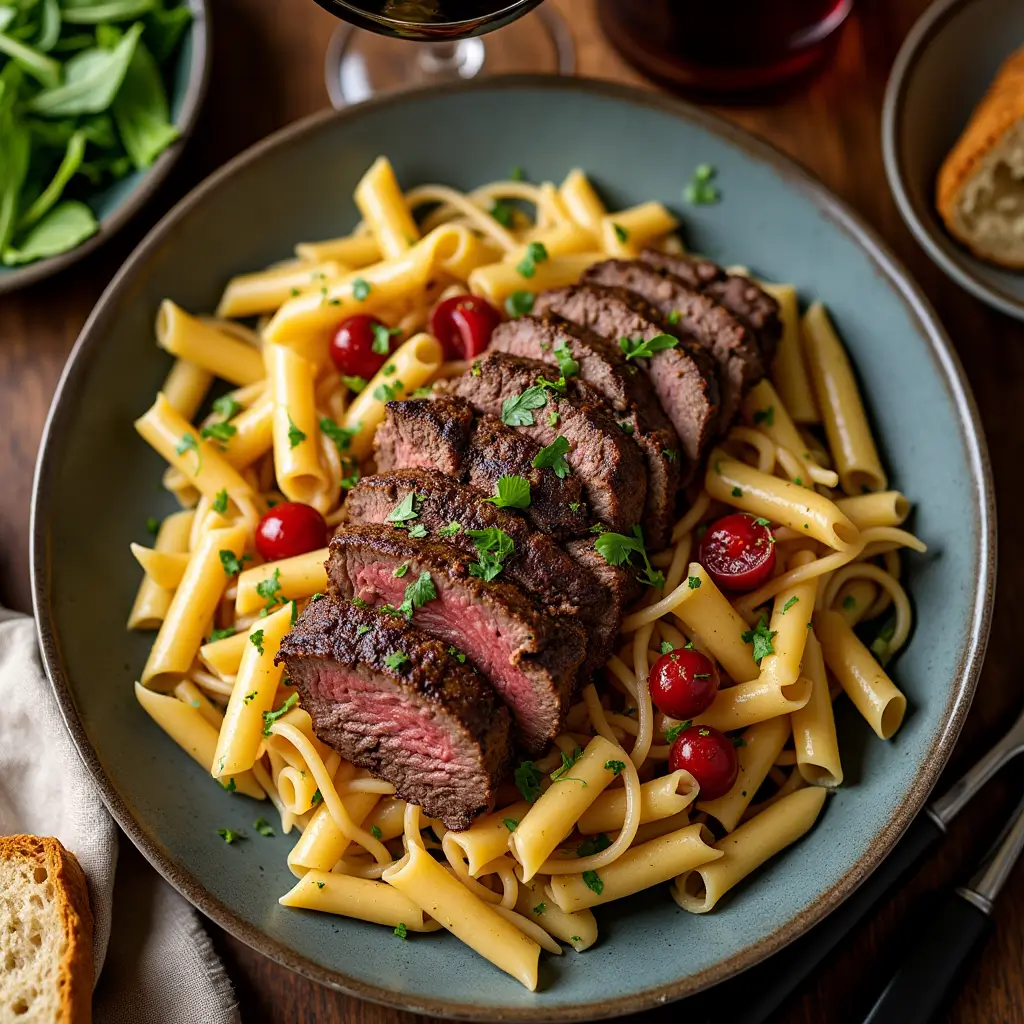 Family-style garlic steak pasta dinner with side salad, garlic bread and red wine