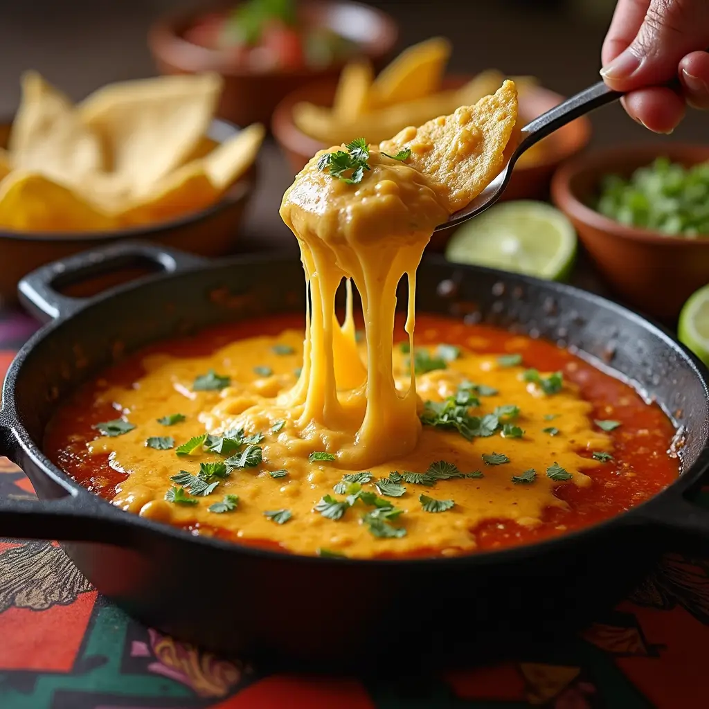 Ooey Gooey Queso Fundido served with tortillas and accompaniments