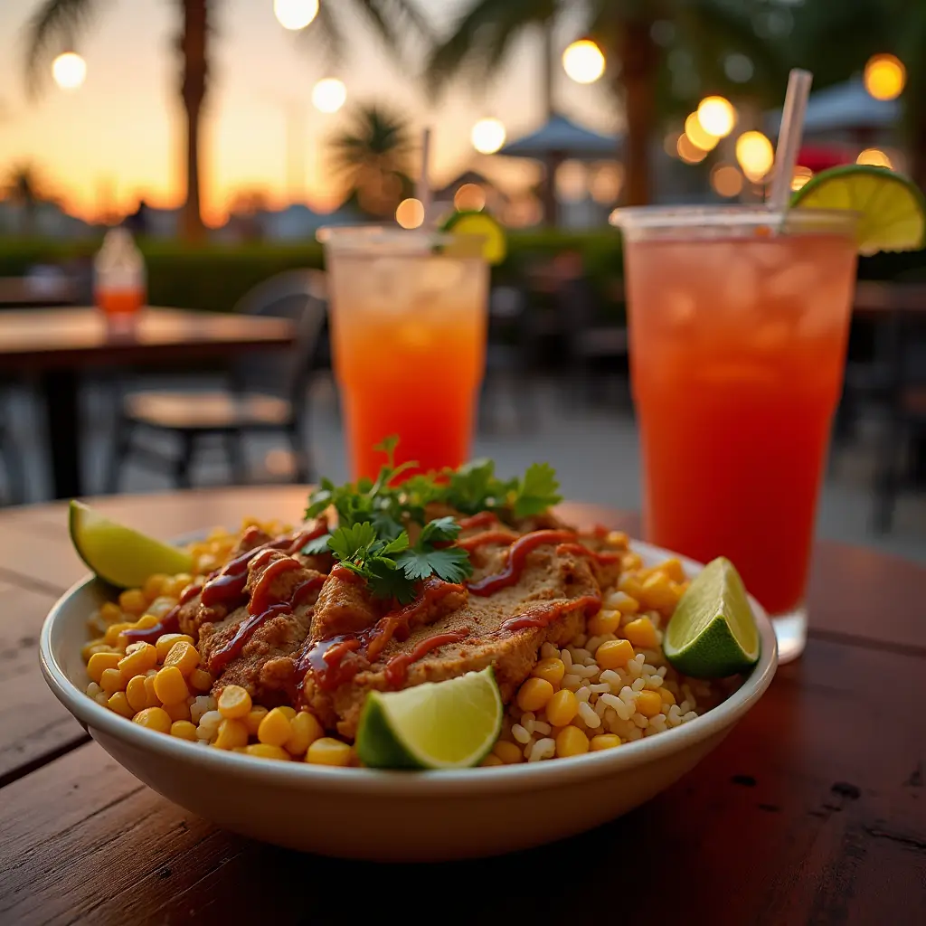 Two served Street Corn Chicken Rice Bowls with garnishes