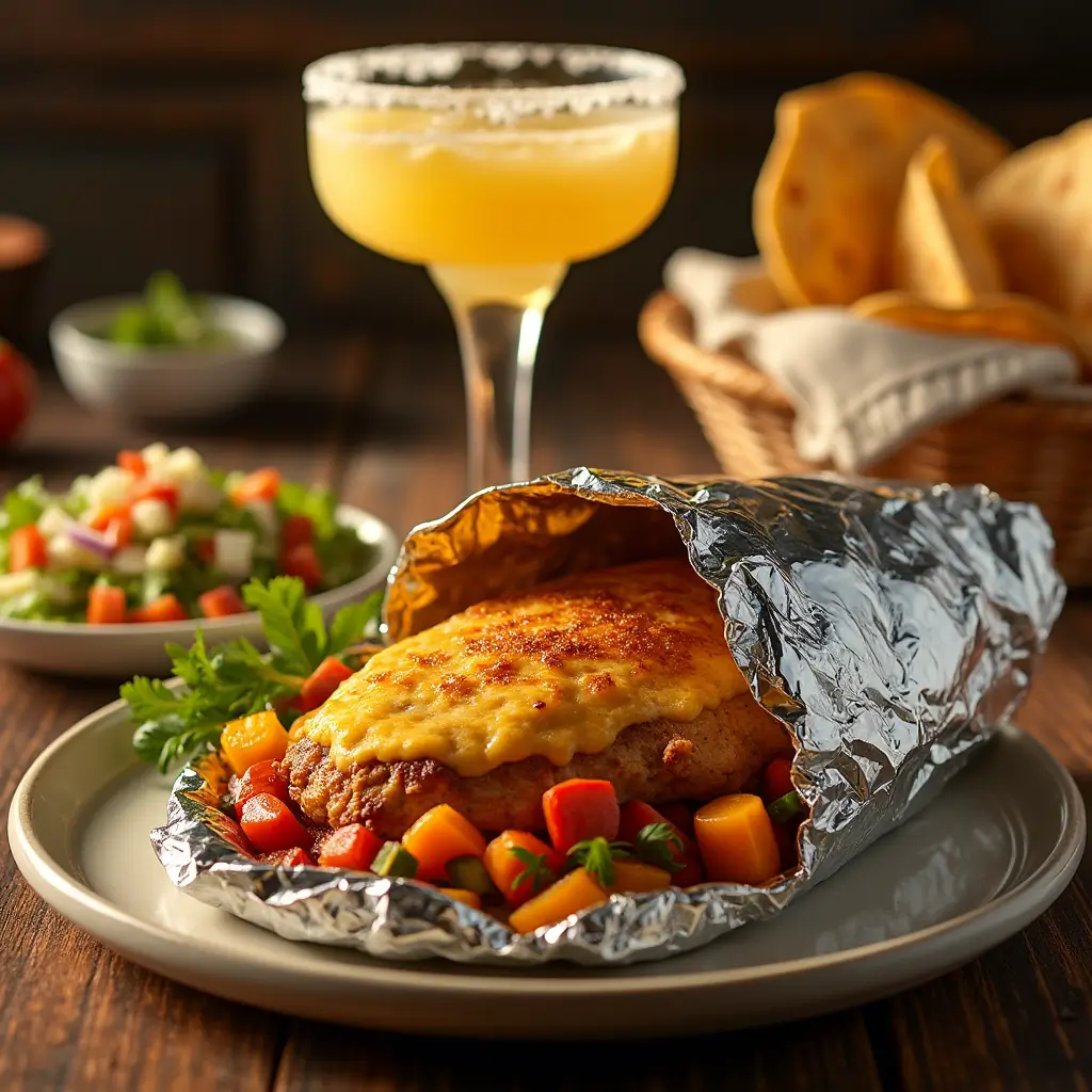 Santa Fe Chicken Foil Packet served with tortillas and side salad for a complete meal