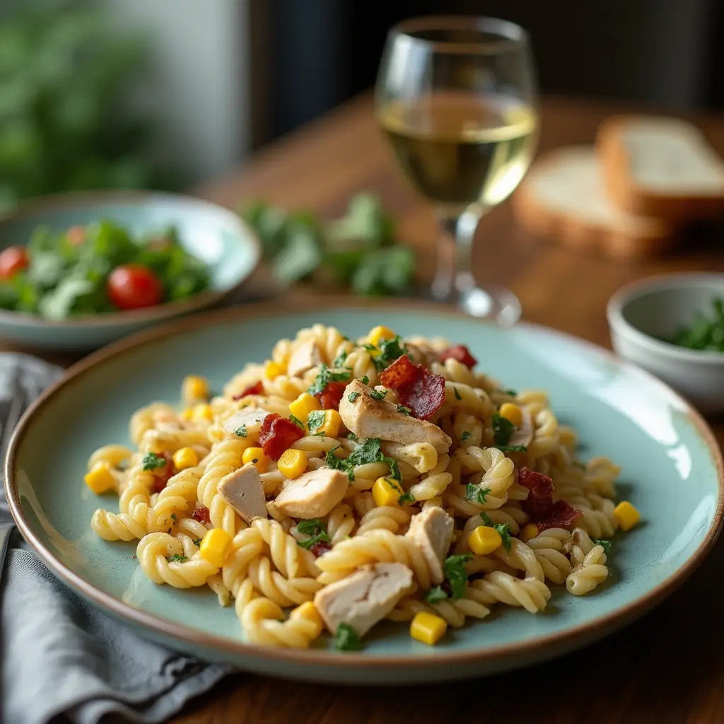 Chicken and Corn Salad pasta served as a complete meal with wine and bread