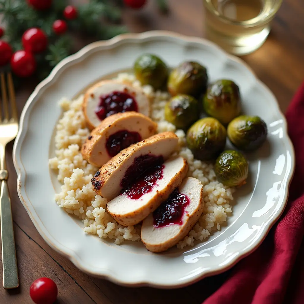 "Complete dinner plate with cranberry brie stuffed chicken, sides, and sauce