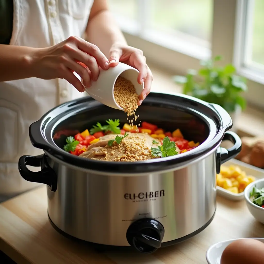 Adding ingredients to slow cooker for high protein meal preparation"