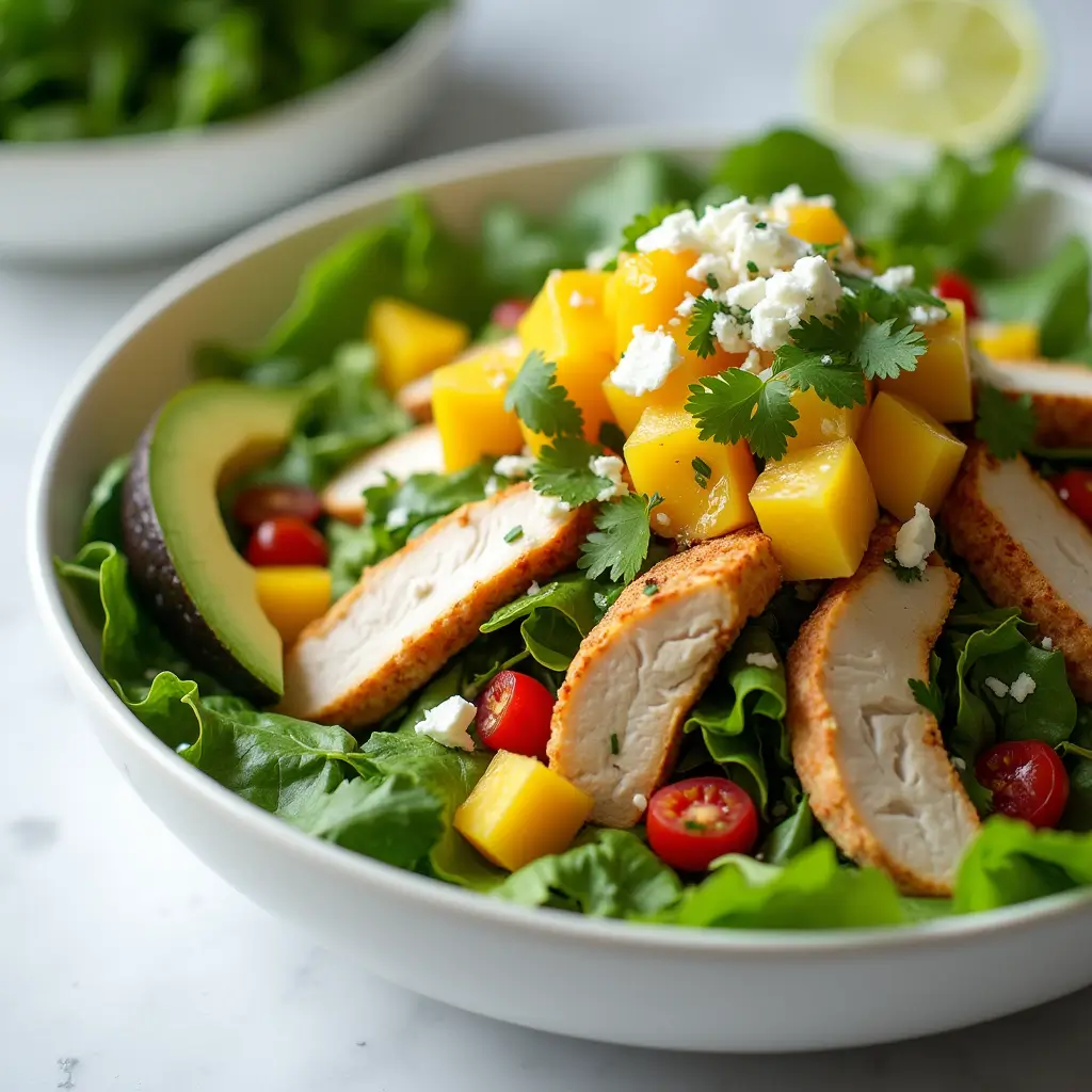 Assembled Cilantro Lime Chicken Salad with Mango Avocado Salsa in a serving bowl"