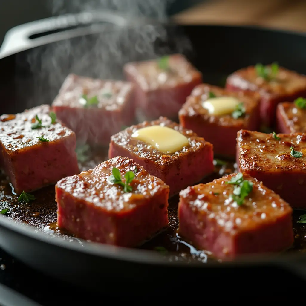 "Browning cube steak in a cast iron skillet for crock pot preparation